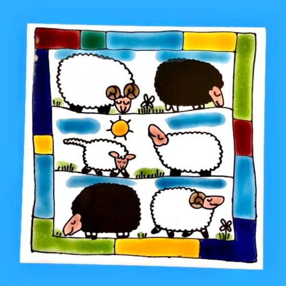 Tile Trivet Hot Plate SHEEP Hand Glazed by Team Owairaka New Zealand - Picture 2 of 11